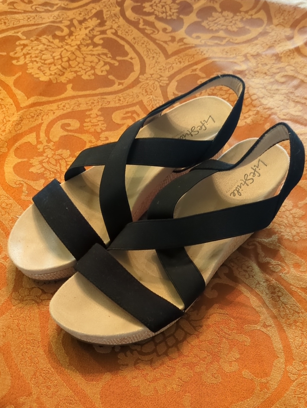 Life Stride Black Elastic Crisscross Wedge Sandals